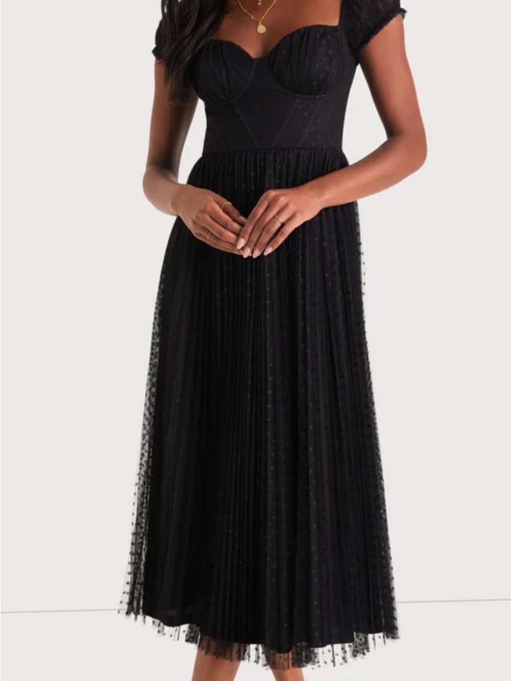Lulu’s Black Swiss Dot Pleated Midi Dress Whimsigoth Corset Size Large